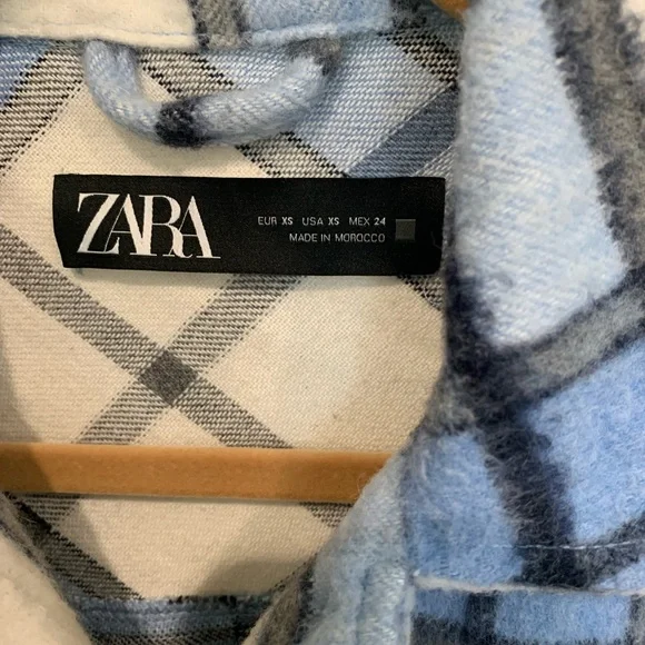 Zara Light Blue and Cream Plaid Button-Up Shacket Jacket Over shirt, XS - Picture 3 of 9